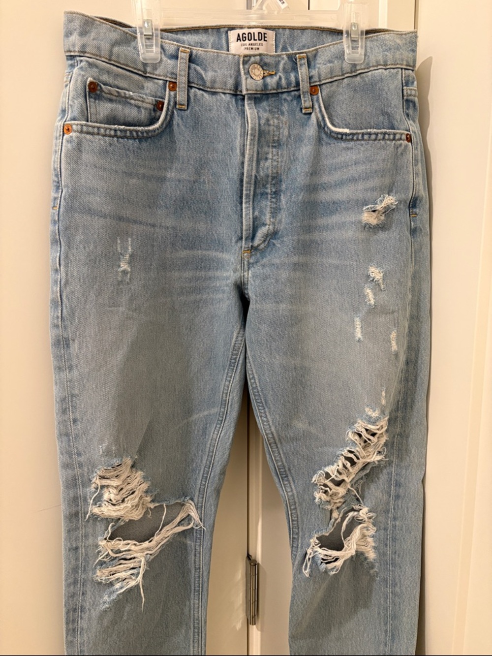 EUC [Agolde] Blue Denim Straight Leg High Rise Distressed Jeans Women’s 26 - Picture 6 of 11
